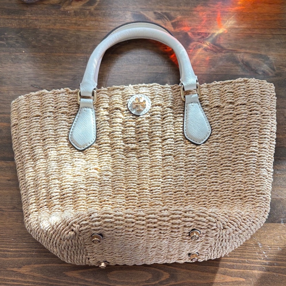 Tory Burch Beige Woven Handbag with White Handles